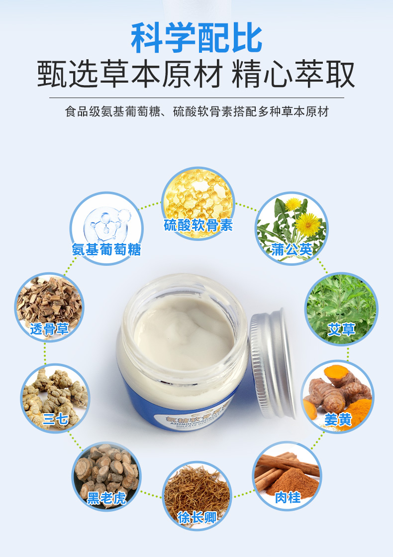 科學配比，甄選草本原材精心萃取，食品級氨基葡萄糖、硫酸軟骨素搭配多種草本原材